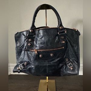 Authentic Balenciaga Work Bag in Dark Blue  with Giant Rose Gold Studs